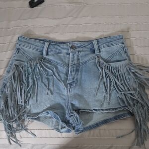 Light Blue Fringe Jean Shorts